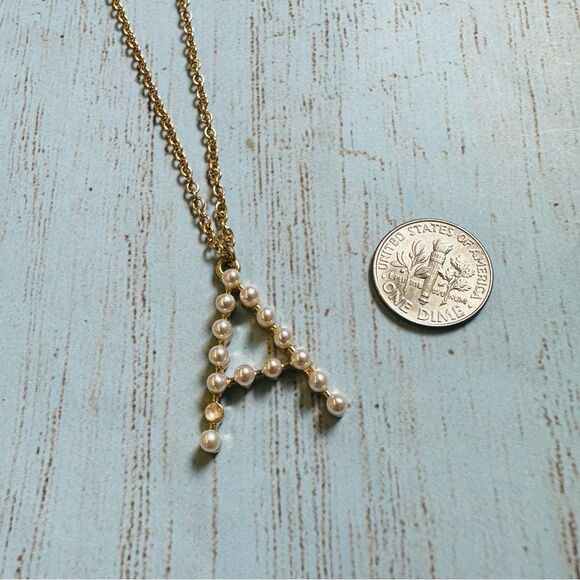 Gold Pearl Initial A Necklace - Picture 2 of 3